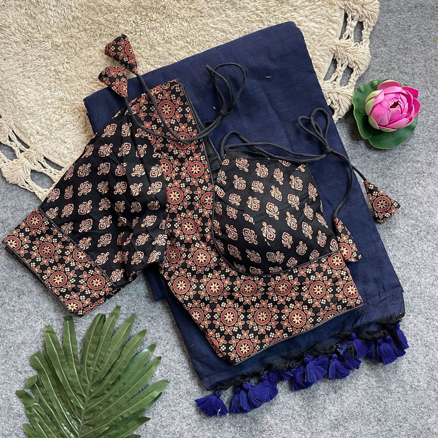 Khadi Cotton Silk Saree with Readymade Ajrakh Blouse – WF-02 A1