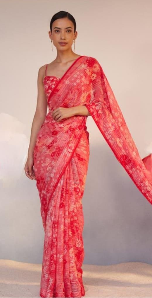 MG528 Georgette Saree with Digital Print & Crochet Sequin Work