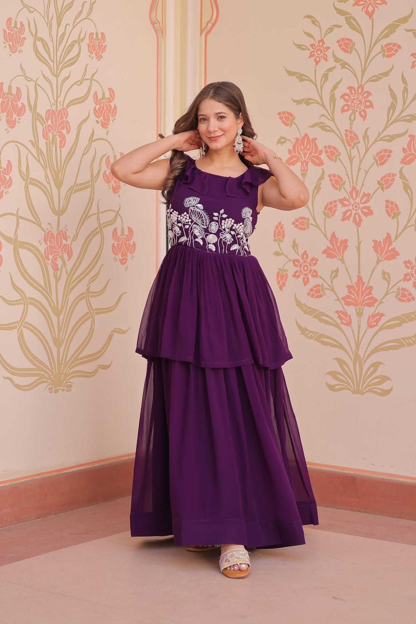 Peplum Style Gown with Bead Embroidery in Faux Blooming Fabric – KA-1175 Purple