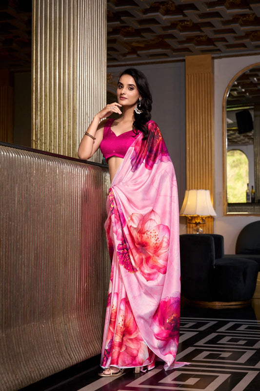 MIKELI Satin Silk Printed Saree with Moonga Silk Hotfix Blouse – YNF7026LPI
