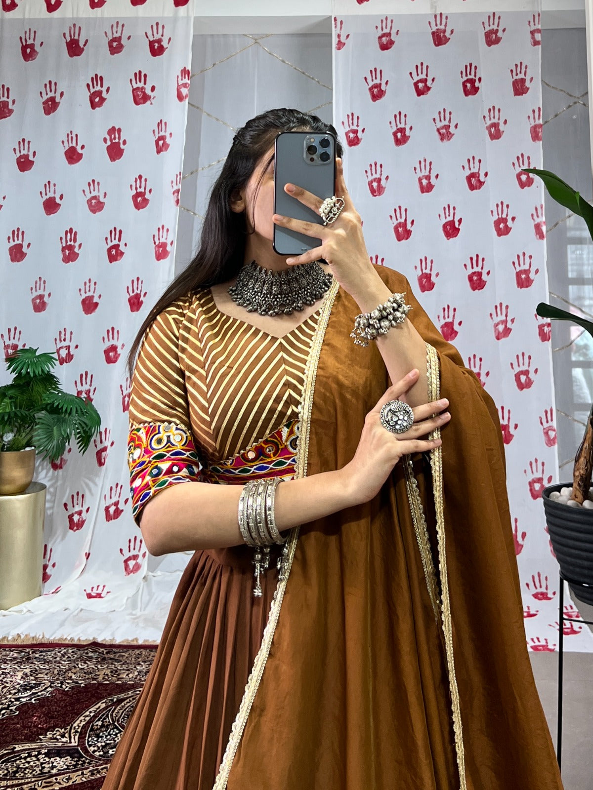 Navratri Special Chanderi Lehenga Choli with Zari & Mirror Gamthi Work – LNB1747BRN