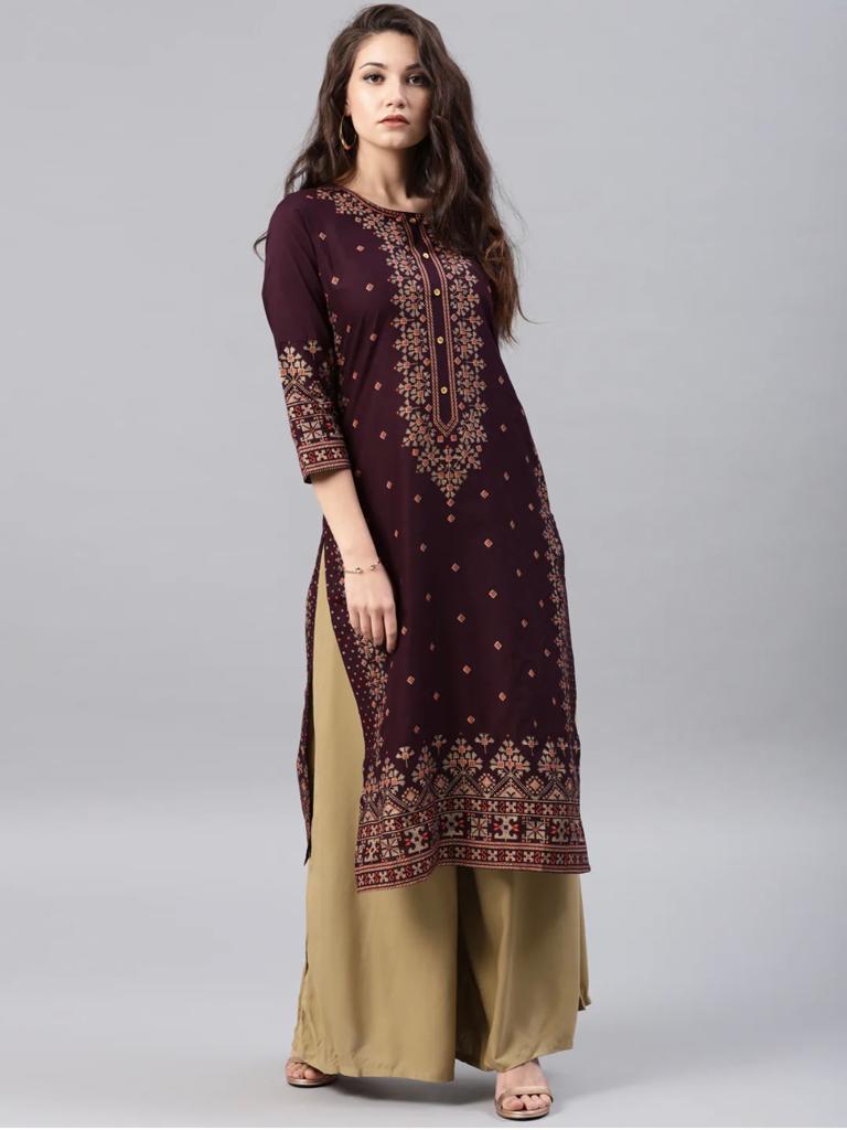 Heavy Rayon Kurti with Foil Work - Maroon