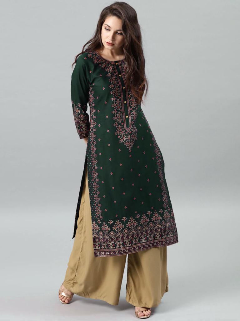Heavy Rayon Kurti with Foil Work - Green