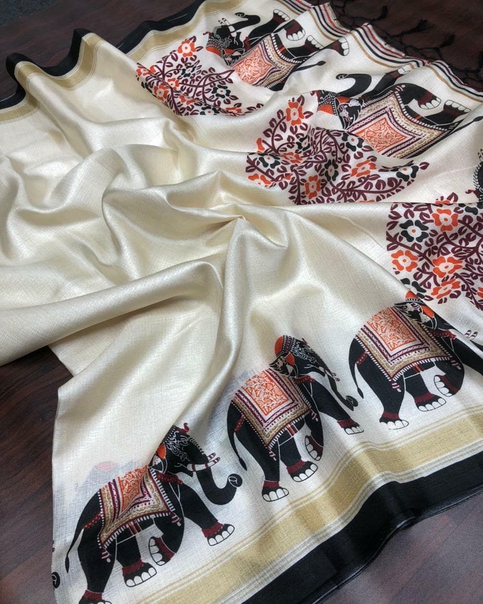 Khadi Silk Saree with HD Ikkat Style Print & Tassels