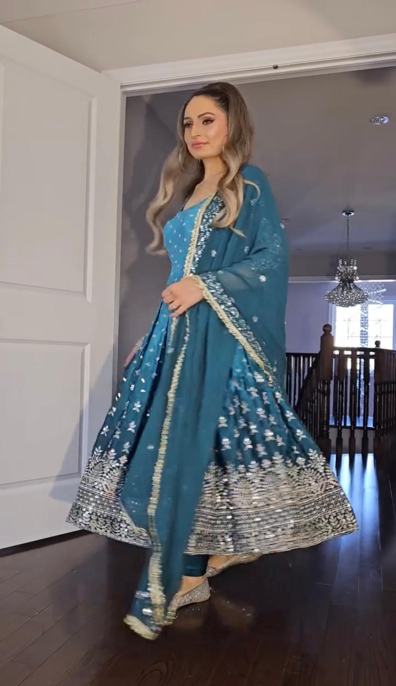 PD1086 – Dual Tone Chinon Silk Anarkali Gown Set - Blue