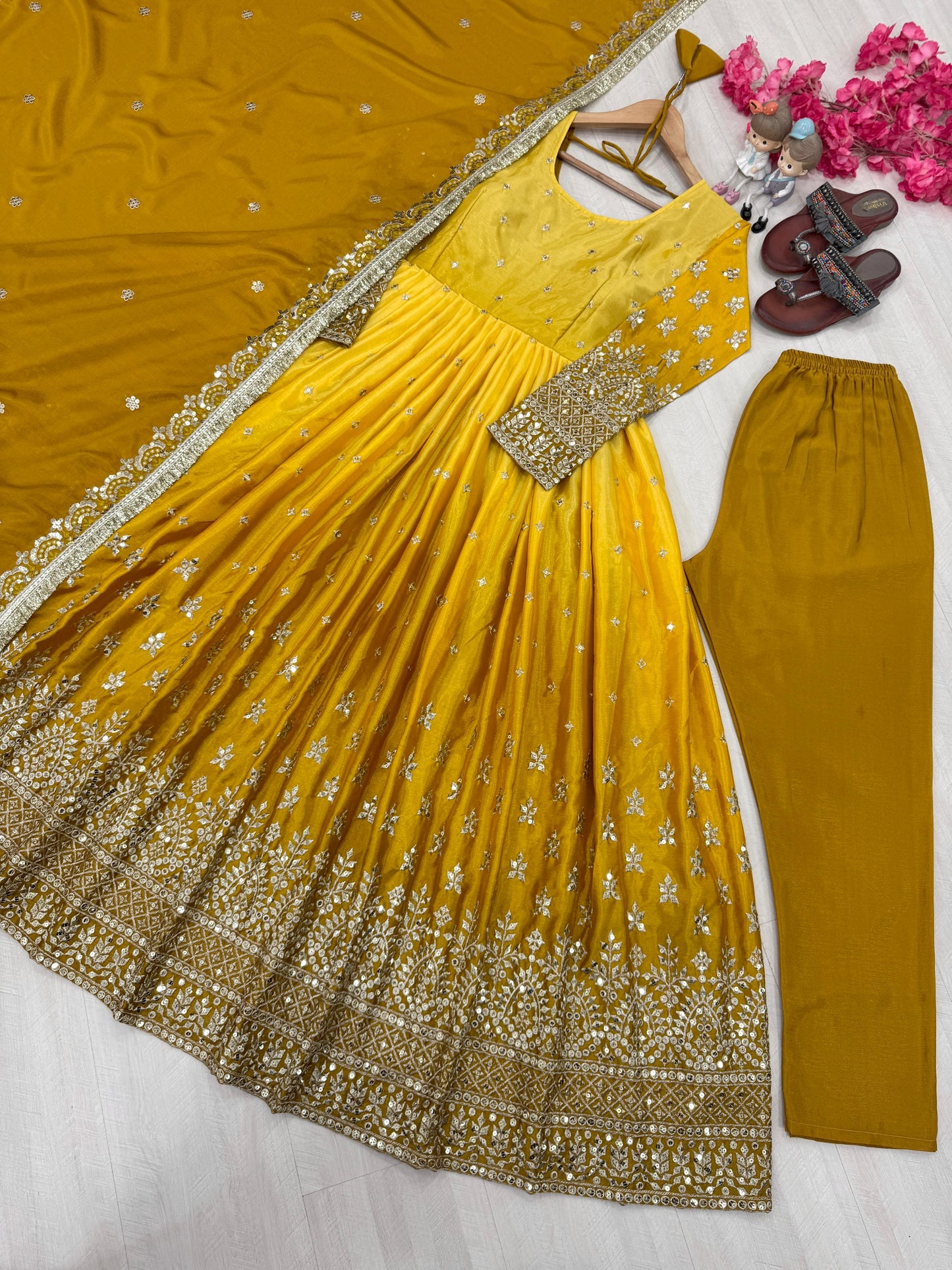 PD1086 – Dual Tone Chinon Silk Anarkali Gown Set - Yellow