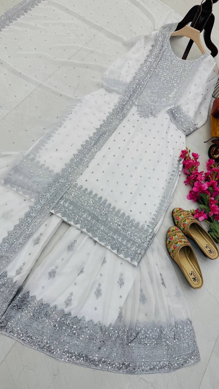 ZB-5041 – Fox Georgette Designer Sharara Suit Set - White