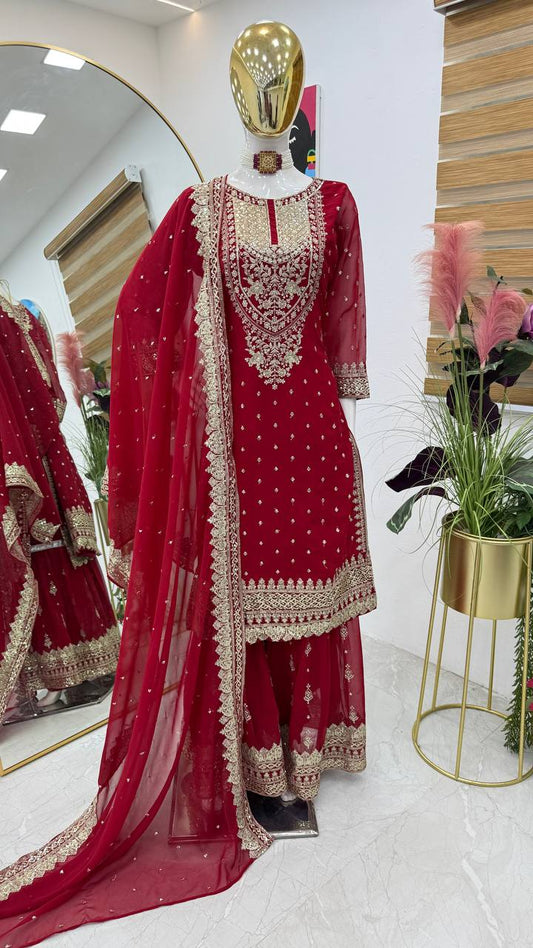 ZB-5041 – Fox Georgette Designer Sharara Suit Set - Red