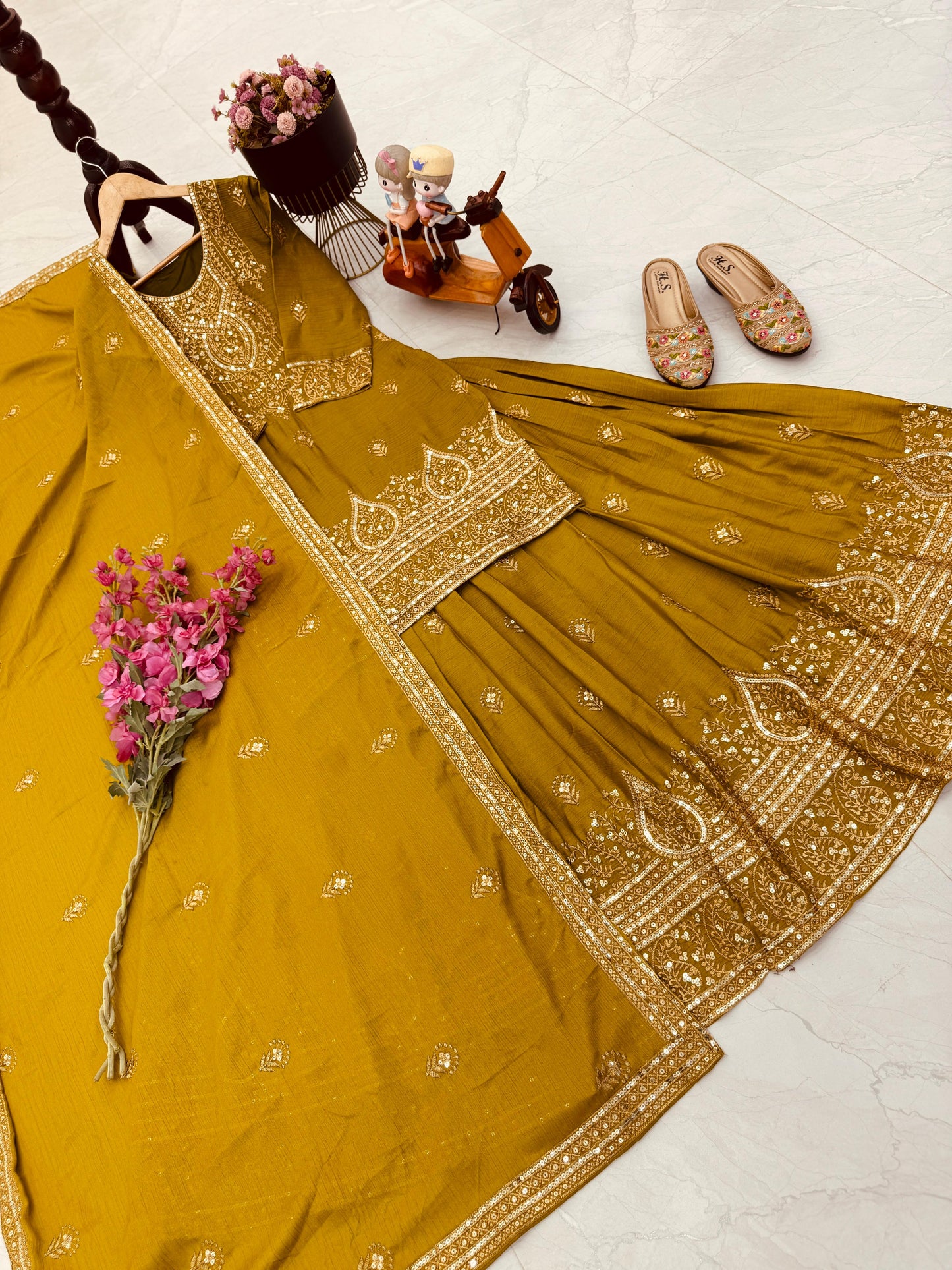 ZD-10005 – Designer Chinon Silk Lehenga Suit Set - Mustard