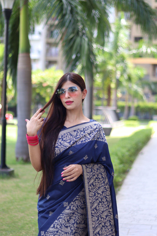 RUTRANG – Banglori Handloom Raw Silk Saree - Blue