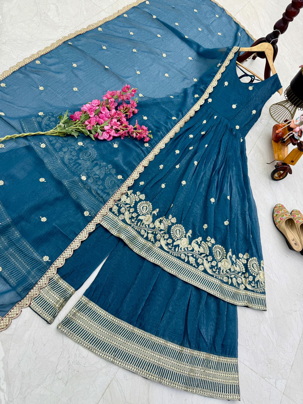 ZB-5055 – New Designer Party Wear Sharara Suit Set - Peacock Green