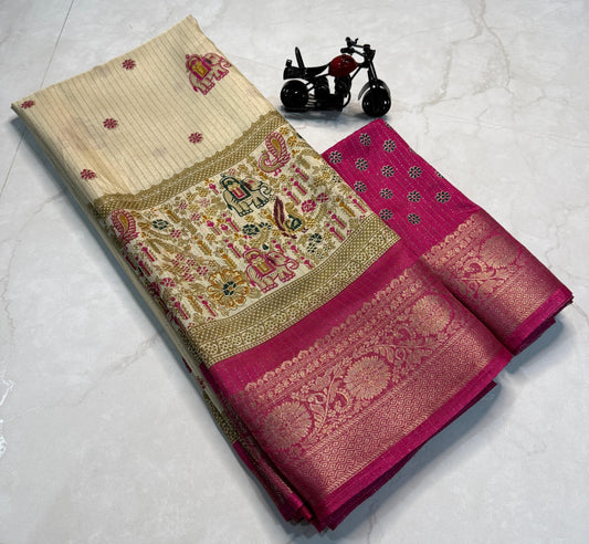 Rekko Silk Saree with All-Over Floral Design & Contrast Border - Pink