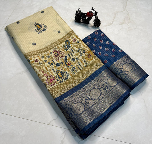 Rekko Silk Saree with All-Over Floral Design & Contrast Border - Blue