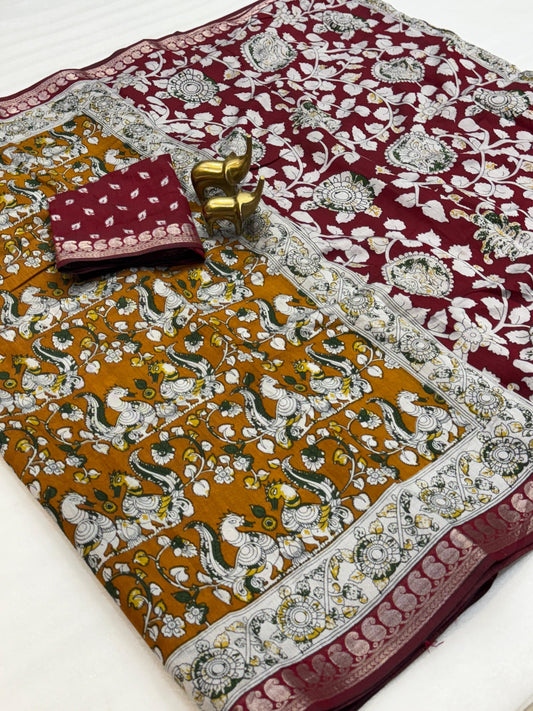 Mangalagiri Silk Saree with Kalamkari Art - Mustard