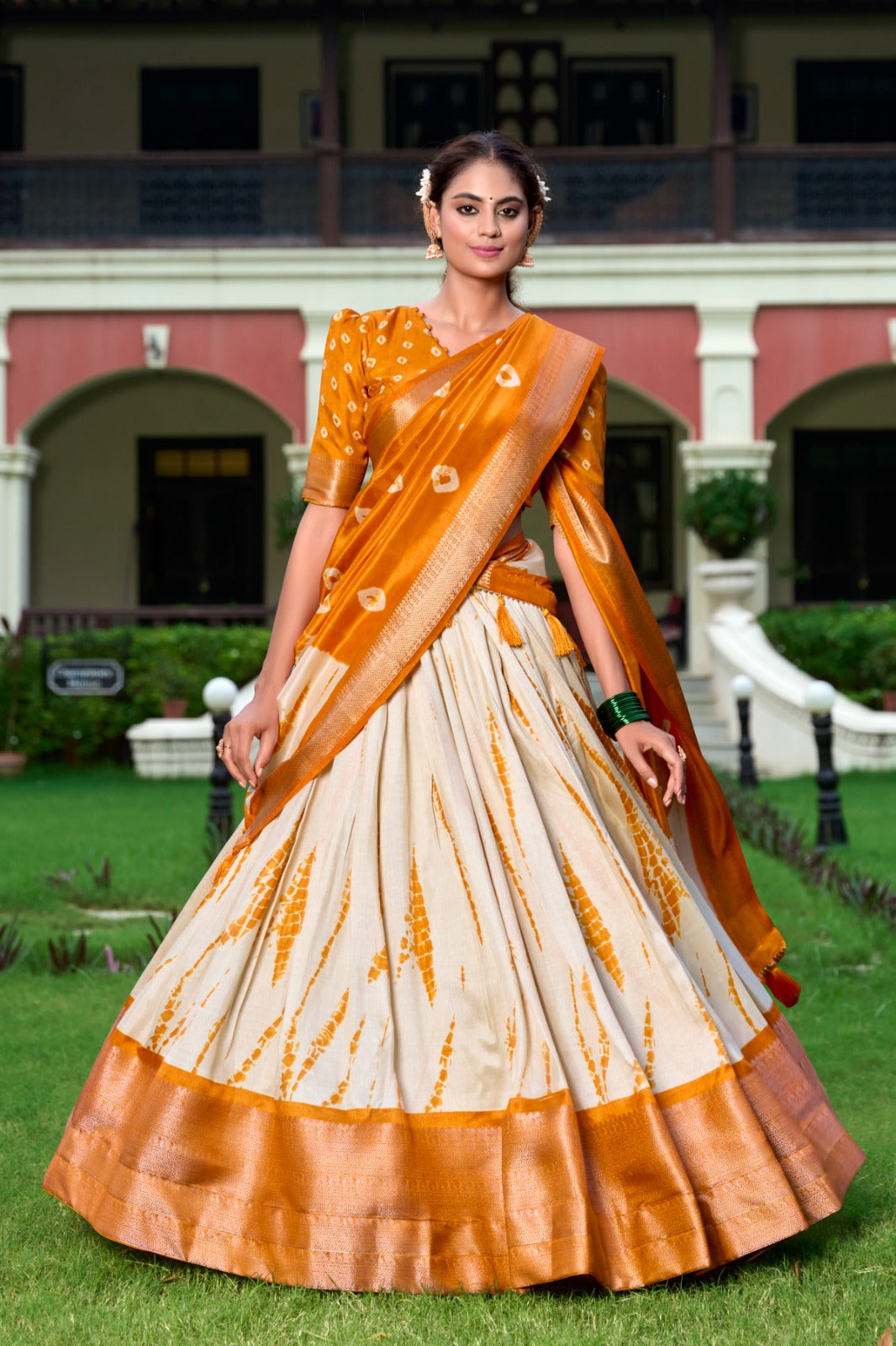RAASHI Collection – Shibori Print Dola Silk Lehenga Choli Set MUSTARD
