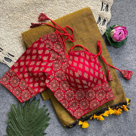 Khadi Cotton Silk Saree with Readymade Ajrakh Blouse – WF-02 A13