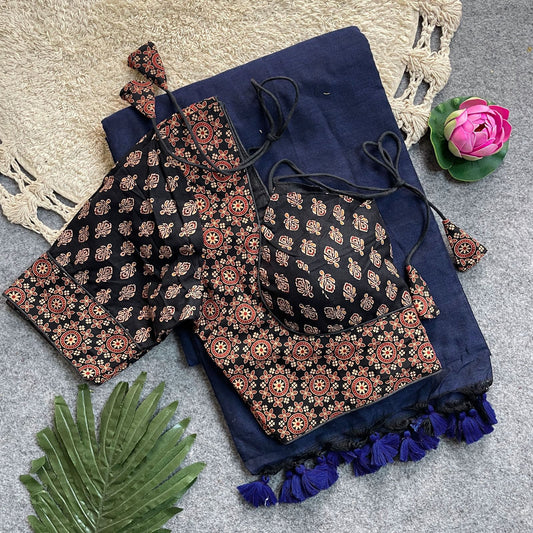 Khadi Cotton Silk Saree with Readymade Ajrakh Blouse – WF-02 A1