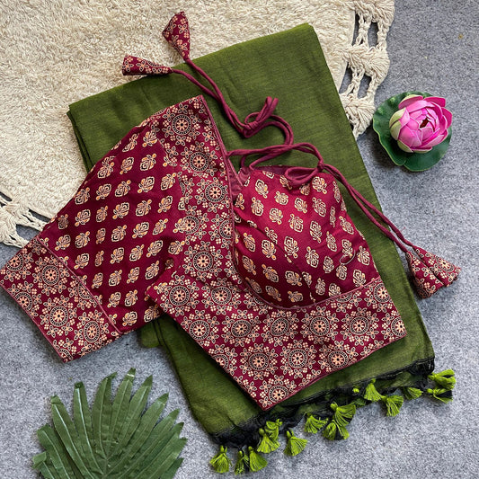 Khadi Cotton Silk Saree with Readymade Ajrakh Blouse – WF-02 A2