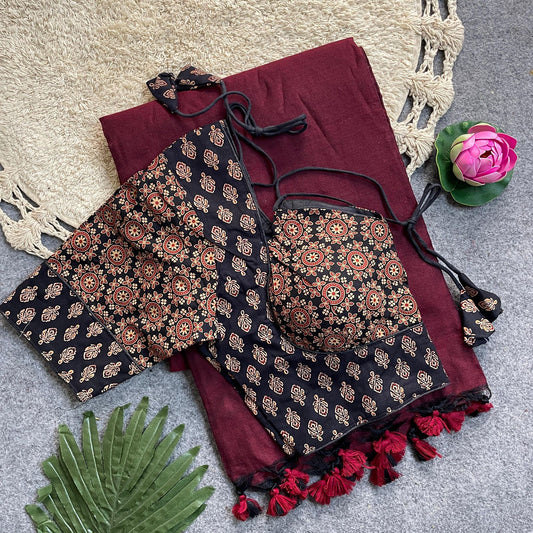 Khadi Cotton Silk Saree with Readymade Ajrakh Blouse – WF-02 A3