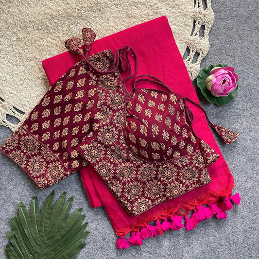 Khadi Cotton Silk Saree with Readymade Ajrakh Blouse – WF-02 A7