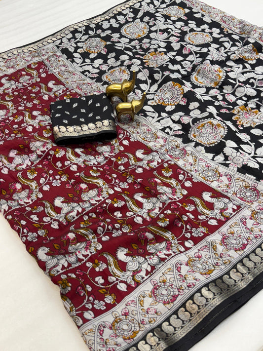 Mangalagiri Silk Saree with Kalamkari Art - Red