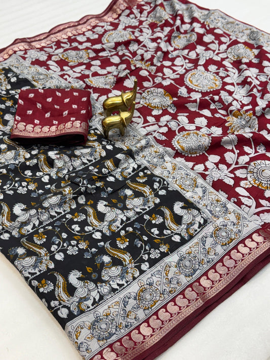 Mangalagiri Silk Saree with Kalamkari Art - Black