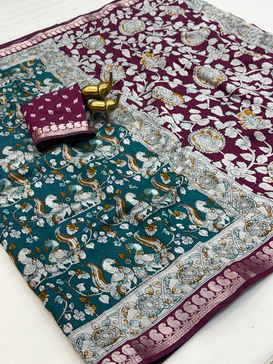 Mangalagiri Silk Saree with Kalamkari Art - Blue