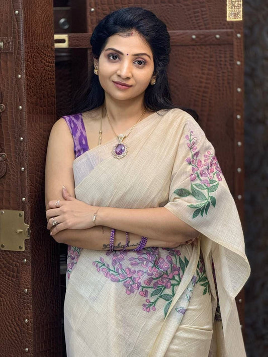 MG529 – Mangalya Linen Saree with Latkan Detail - Lavender