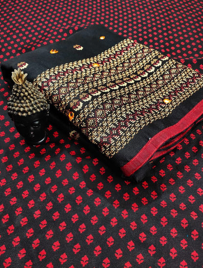 Linen Jute Silk Saree with HD Print, Foil Mirror Work & Latkan Pallu LJ1