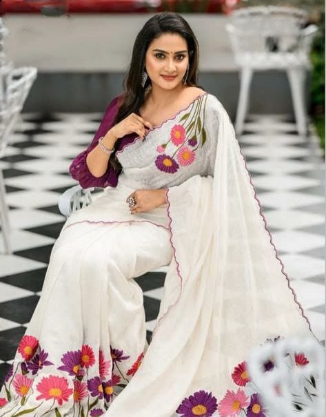 Satranga MG346 Plain Linen Saree with Digital Print & Cutwork Border