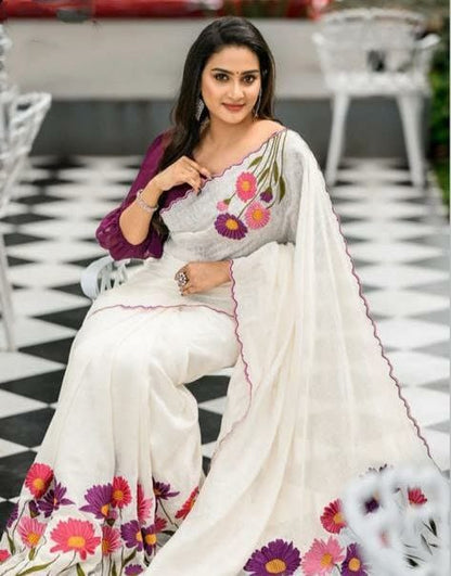 Satranga MG346 Plain Linen Saree with Digital Print & Cutwork Border