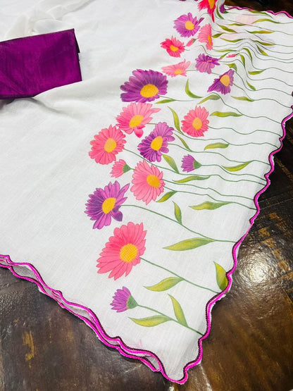 Satranga MG346 Plain Linen Saree with Digital Print & Cutwork Border