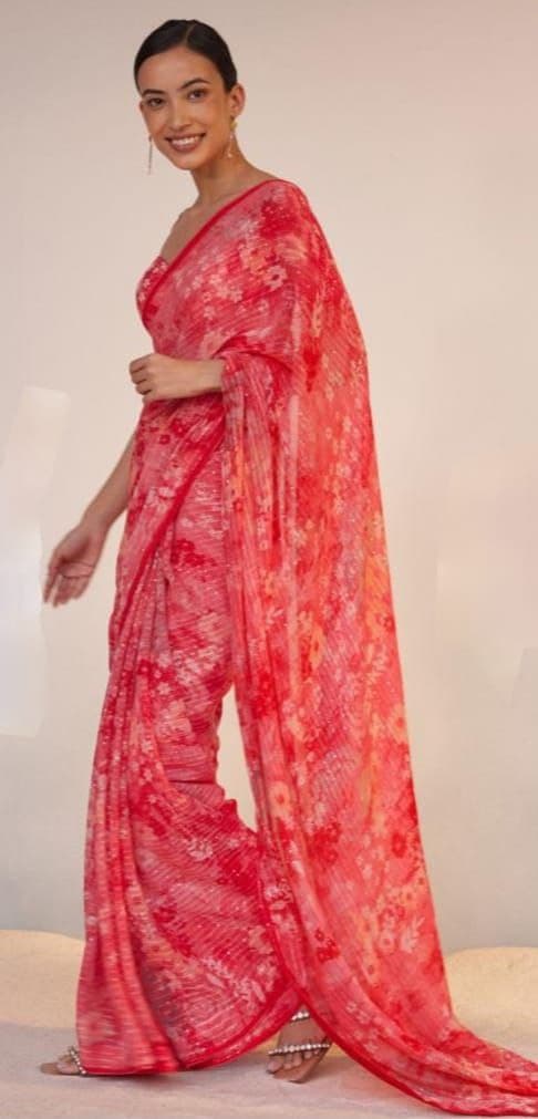 MG528 Georgette Saree with Digital Print & Crochet Sequin Work