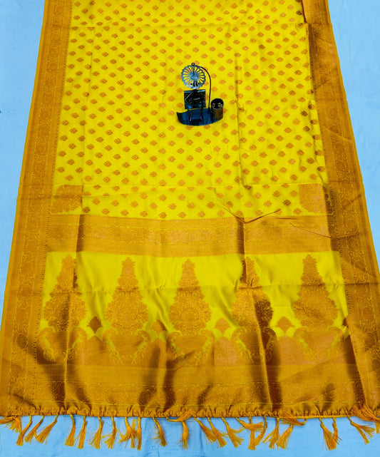 MAGNITE Soft Banarasi Silk Saree with Copper Zari Weaving & Rich Pallu YELLOW
