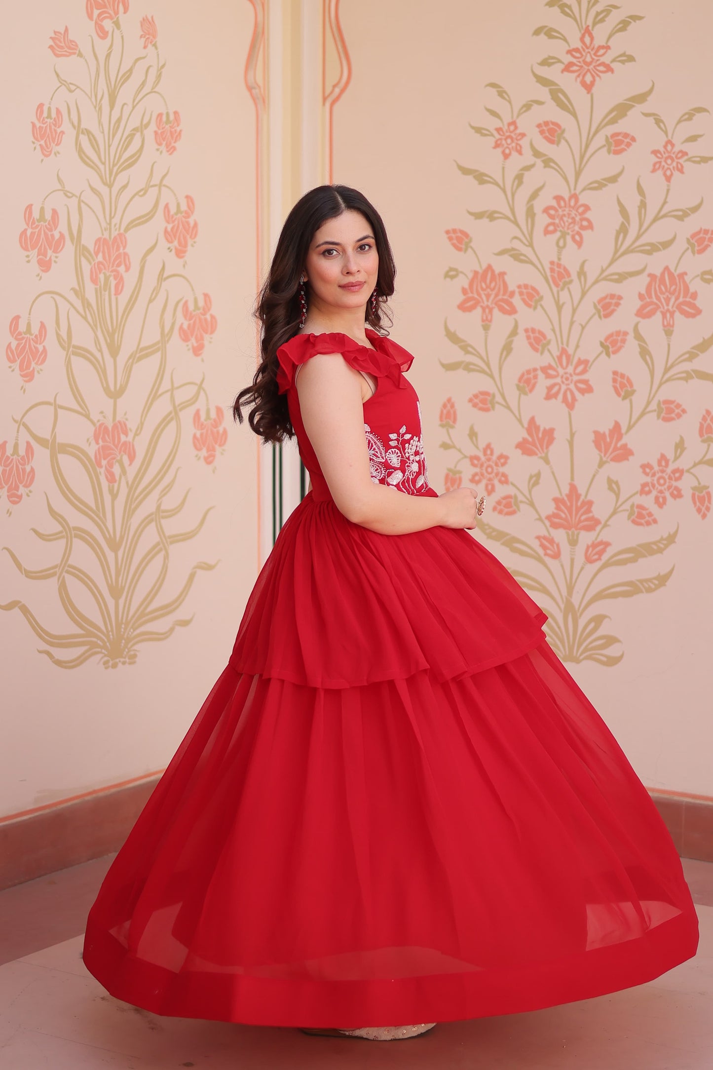 Peplum Style Gown with Bead Embroidery in Faux Blooming Fabric – KA-1175 Red