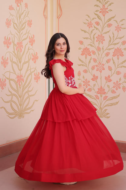 Peplum Style Gown with Bead Embroidery in Faux Blooming Fabric – KA-1175 Red