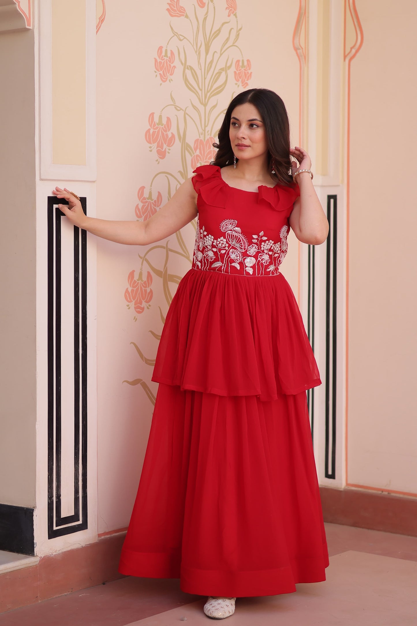 Peplum Style Gown with Bead Embroidery in Faux Blooming Fabric – KA-1175 Red