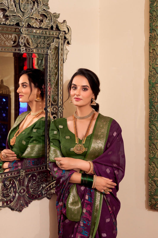 VEDANTI Poly Cotton Saree with Kalamkari Print & Zari Weaving Border  - YNF7031WIN