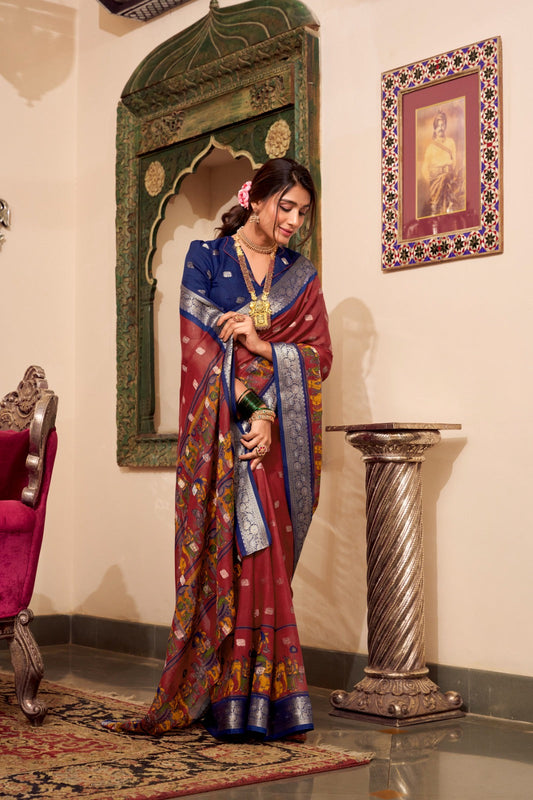 VEDANTI Poly Cotton Saree with Kalamkari Print & Zari Weaving Border  - YNF7031MRN