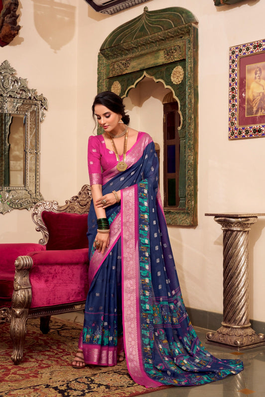 VEDANTI Poly Cotton Saree with Kalamkari Print & Zari Weaving Border  - YNF7031NBL