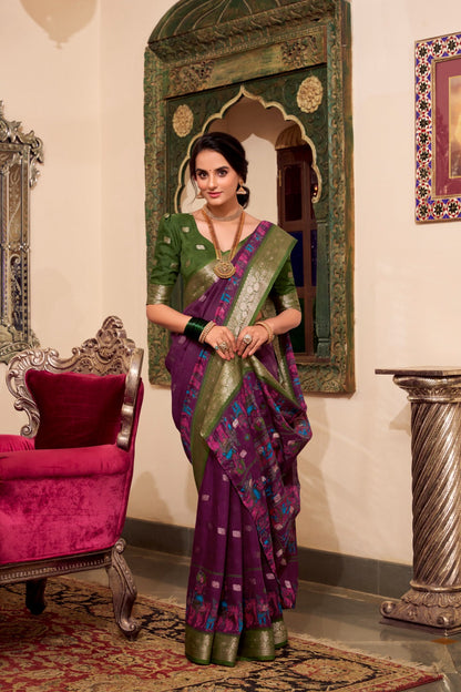 VEDANTI Poly Cotton Saree with Kalamkari Print & Zari Weaving Border  - YNF7031WIN