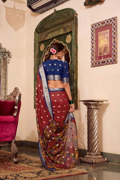 VEDANTI Poly Cotton Saree with Kalamkari Print & Zari Weaving Border  - YNF7031MRN