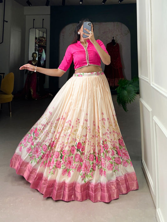 Floral Cotton Silk Lehenga Choli with Zari Border & Stitched Blouse – NNK1130BPI