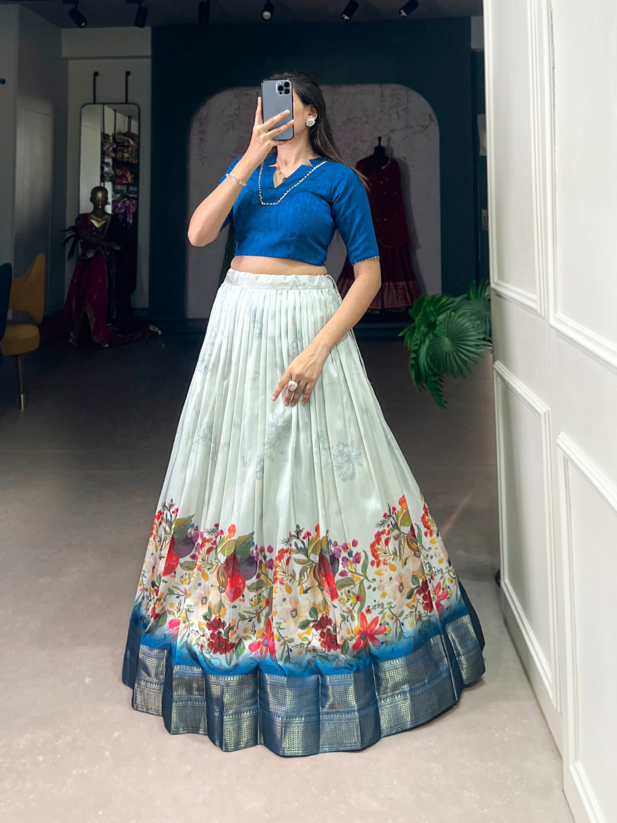 Floral Cotton Silk Lehenga Choli with Zari Border & Stitched Blouse – NNK1128RBL