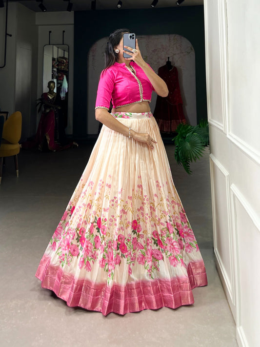 Floral Cotton Silk Lehenga Choli with Zari Border & Stitched Blouse – NNK1130BPI