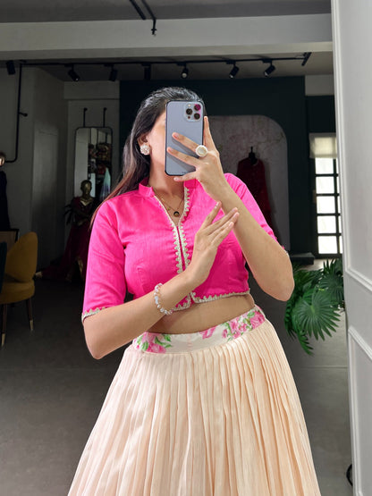 Floral Cotton Silk Lehenga Choli with Zari Border & Stitched Blouse – NNK1130BPI