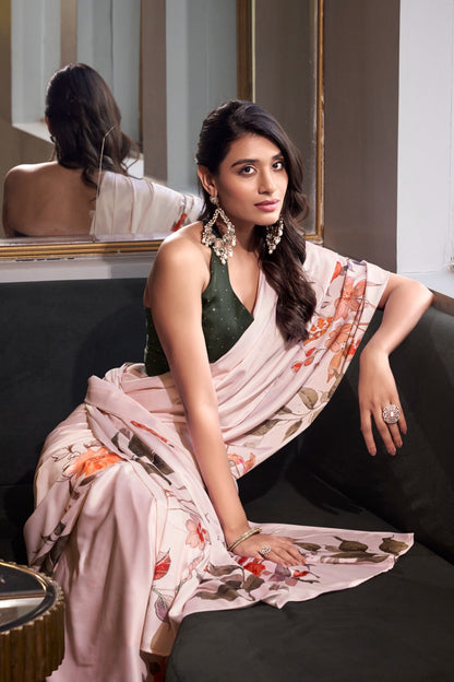 MIKELI Satin Silk Printed Saree with Moonga Silk Hotfix Blouse – YNF7026OWT