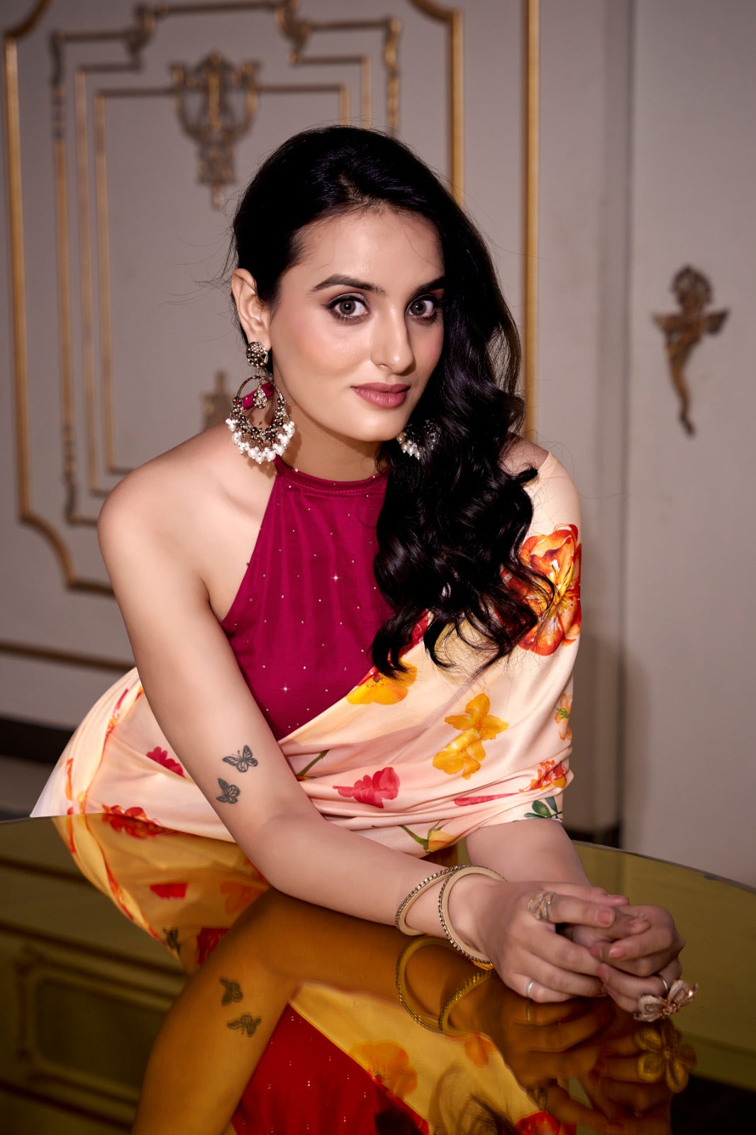 MIKELI Satin Silk Printed Saree with Moonga Silk Hotfix Blouse – YNF7026CRM