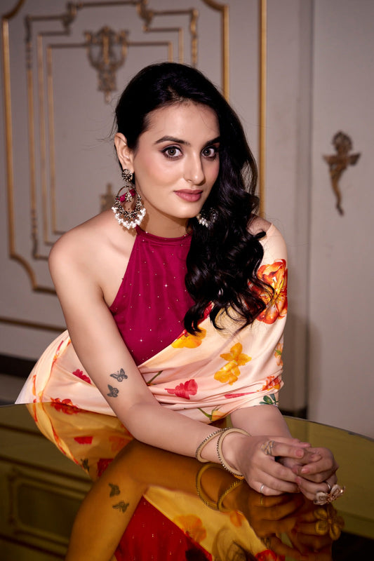 MIKELI Satin Silk Printed Saree with Moonga Silk Hotfix Blouse – YNF7026CRM