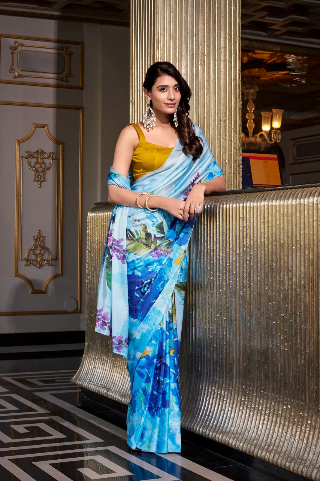MIKELI Satin Silk Printed Saree with Moonga Silk Hotfix Blouse – YNF7026SBL